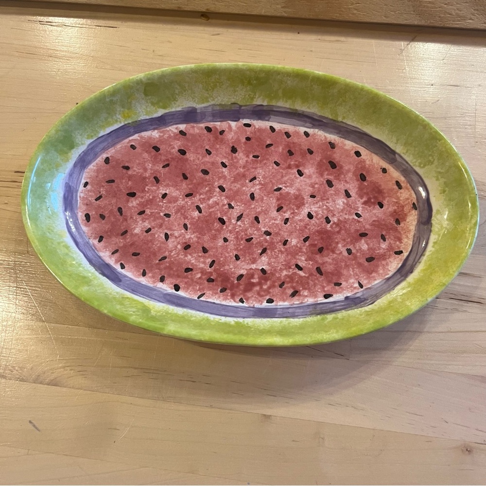 Watermelon Platter Ceramic painted stoneware signed Edie serving dish kitschy